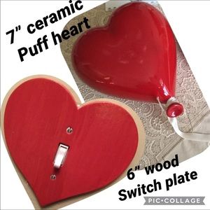 2 pc Heart Wall Decor - 7” Ceramic Puff Heart & 6” Wood Wall Switchplate